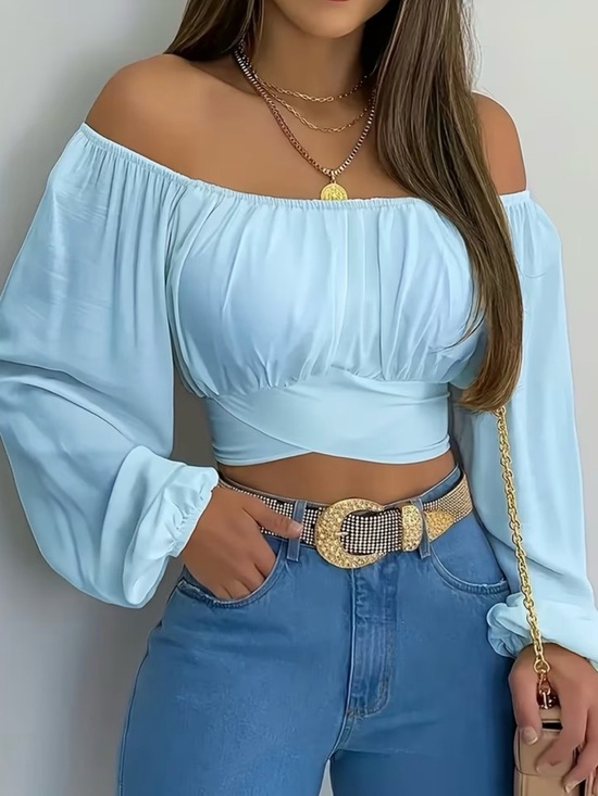 Tops - Off-Shoulder Light Blue Crop Top with Balloon Sleeves